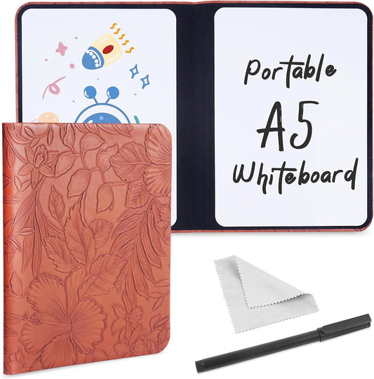 Portable Small White Board Dry Erase Board, Reusable 9.5 * 6.6in Notebook Memo, Office Home Supplies Desk Accessories(1-Carved Brown)