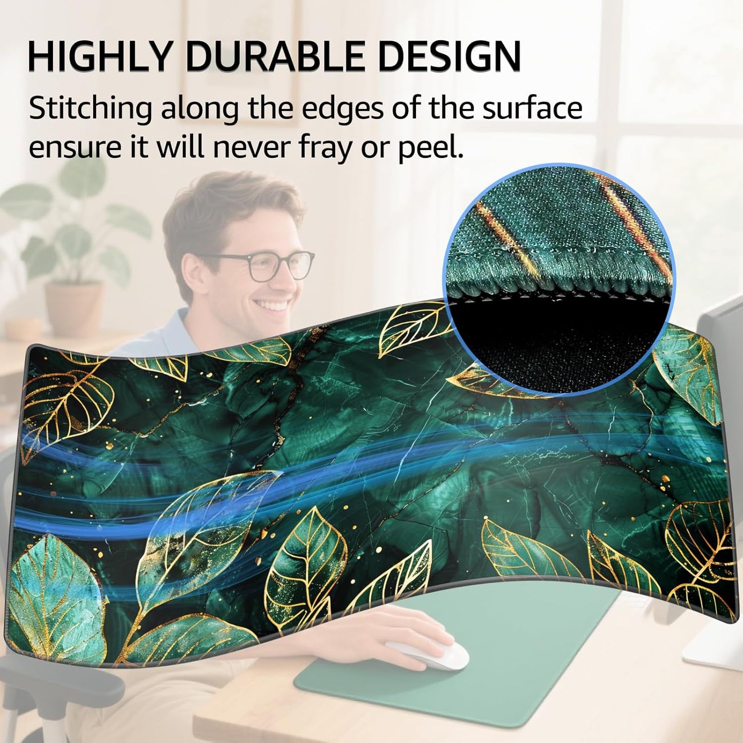 KTRIO Large Gaming Mouse Pad with Stitched Edges, Extended Mousepad with Superior Micro-Weave Cloth, Non-Slip Base, Water Resist Keyboard Pad for Gamer, Office & Home, 31.5x15.7in, Green Leaves