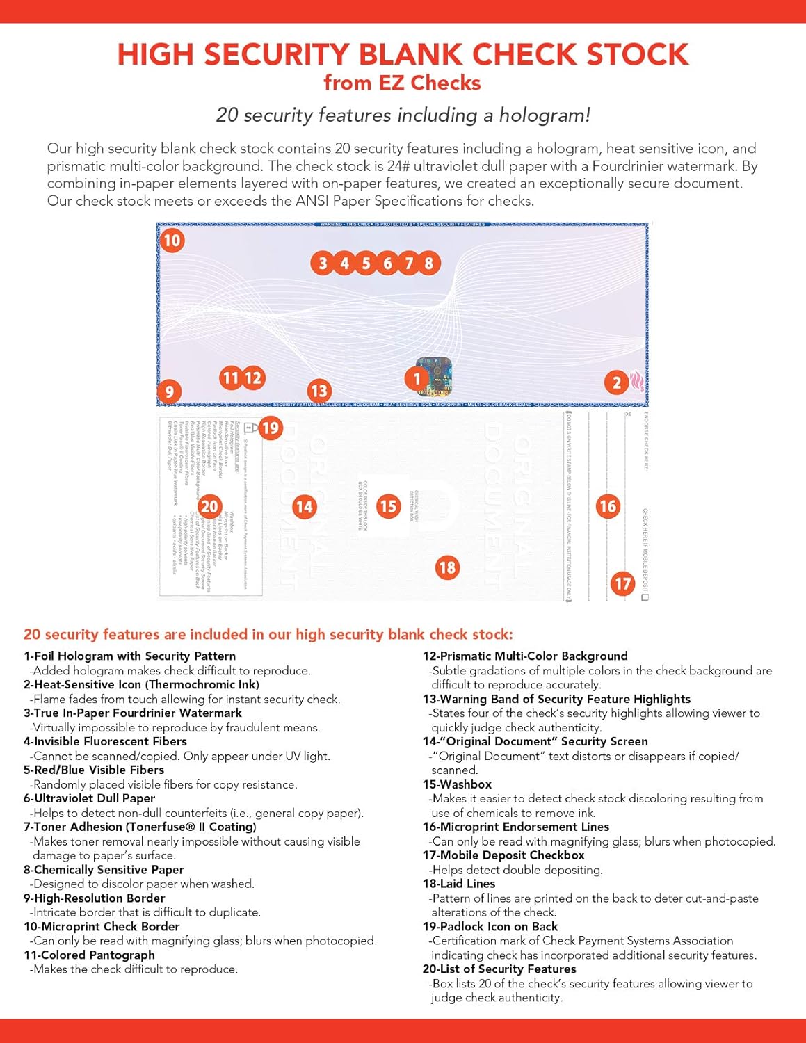 EZ Checks Premium Blank Hologram High Security Laser Check Stock | 500 Sheets | (Blue/Maroon, Check in Middle)