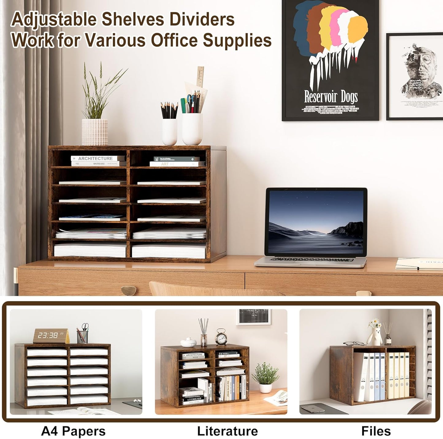 Mail Organizer Countertop, 12 Slots Wooden Desk File Literature Sorter, Adjustable Paper Storage Shelves Document Holder, Space Saving Desktop Mailbox for Office Classroom, Rustic Brown