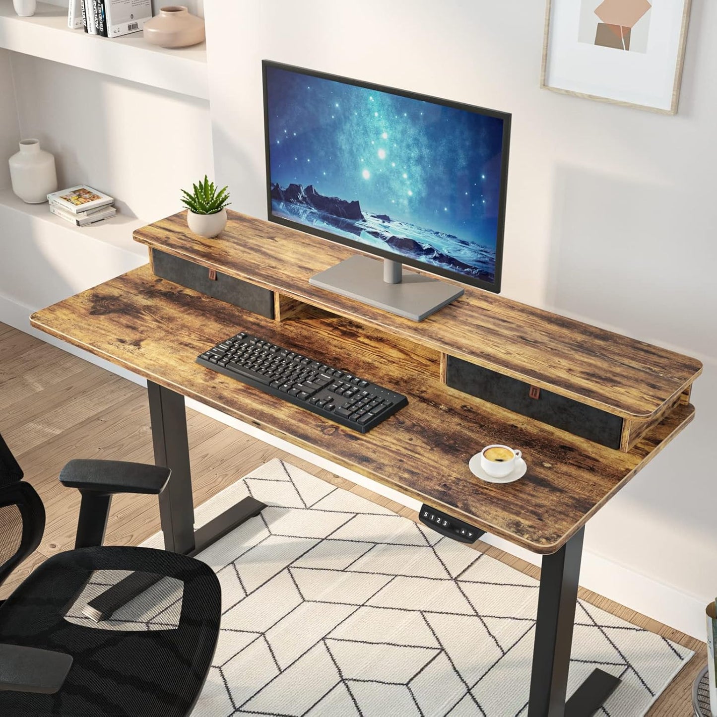 FEZIBO 55 x 24 Inch Whole-Piece Height Adjustable Standing Desk with Double Drawers, Sit Stand Desk, Stand Up Table (Send Two Packages), Rustic Brown Top