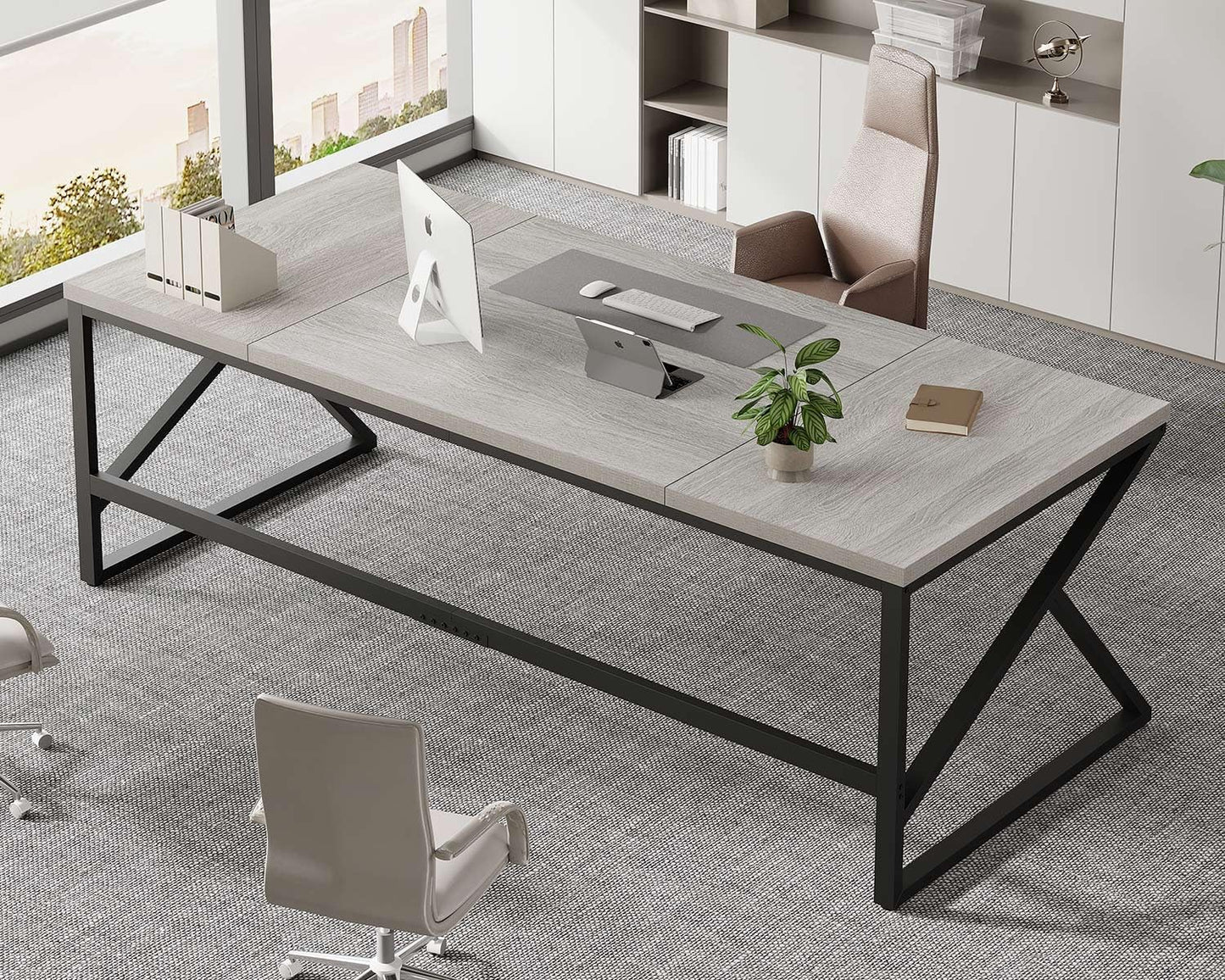 HSH 78 Inch Long Home Office Desk, Extra Large Grey Computer Desk for 2 Person, Industrial Wooden and Metal Executive Work Writing Study Gaming Desk Table, Modern Bedroom PC Laptop Desk Double Desk