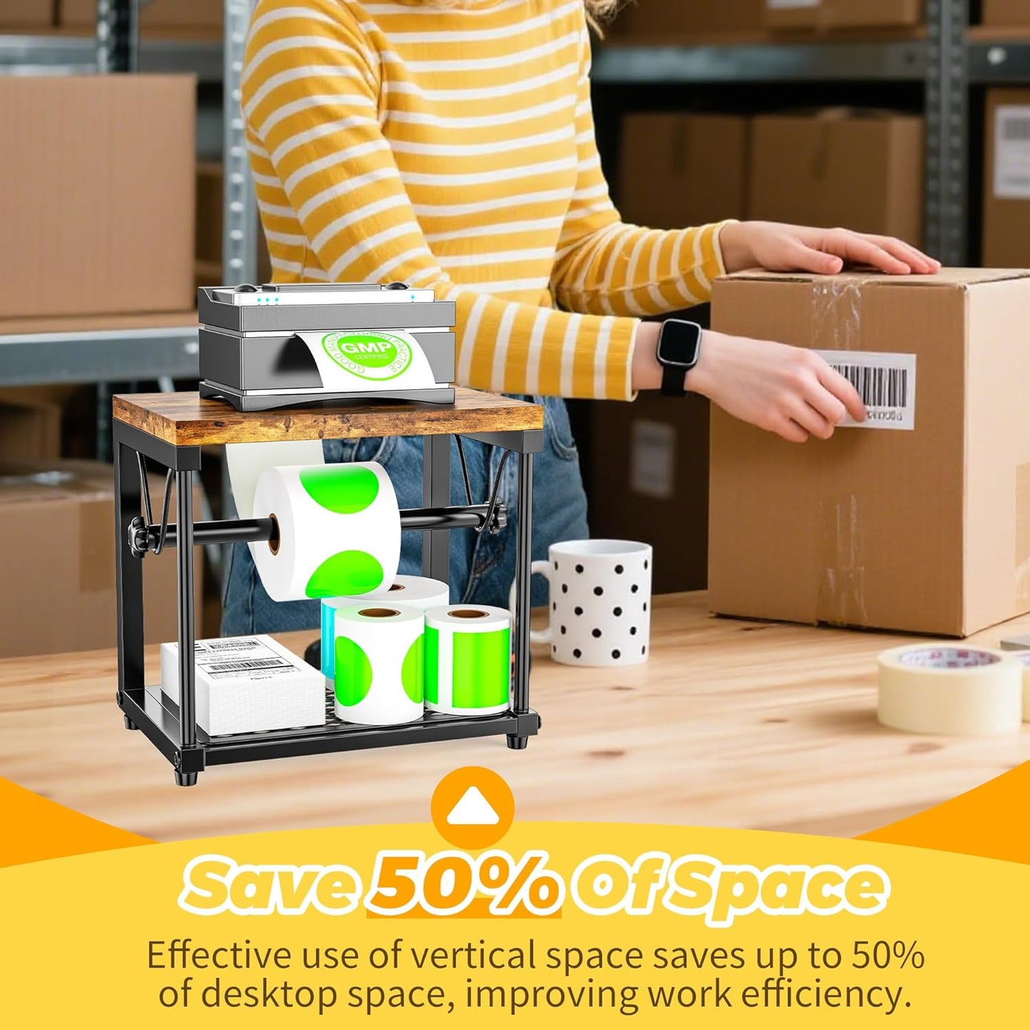 Label Holder for Rolls and Fan-Fold Labels, Wooden Sticker Dispenser for Desktop Thermal Printer, Sticker Roll Holder Organizer, Shipping Label Stand for Home, Office, Small Business (Black)