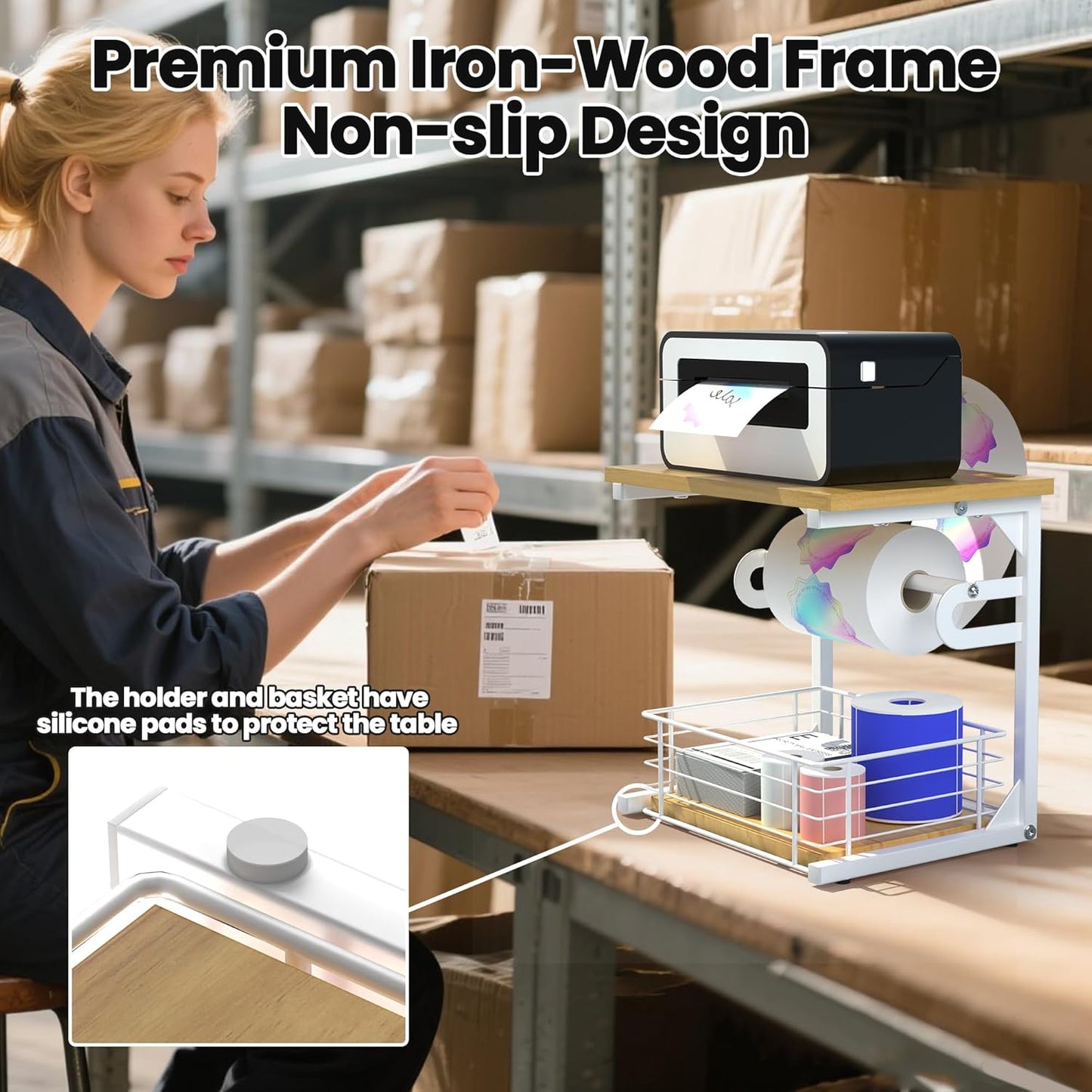 Label Holder for Rolls and Fan-Fold Labels, Wooden Thermal Sticker Roll Holder for Desktop Thermal Label Printer, Solid Shipping Label Holder & Desktop Label Printer Accessory Supplies, White