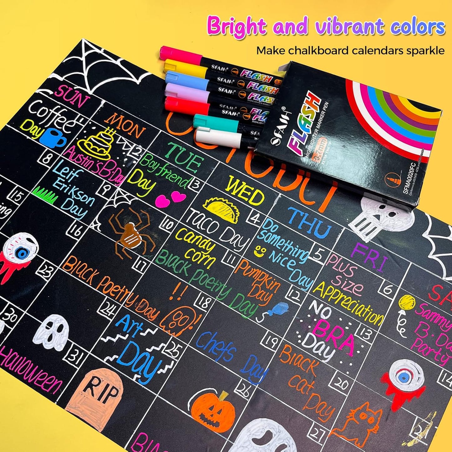 SFAIH Fine Tip Liquid Chalk Markers for Bhalkboard [1-Second Wet Wipe], 0.7-1mm 30 Colors [Neon+Pastel+Metallic], Chalk Pens for Chalkboard, Calendar, Windows, Glass, Includes Highlighter Color Marker