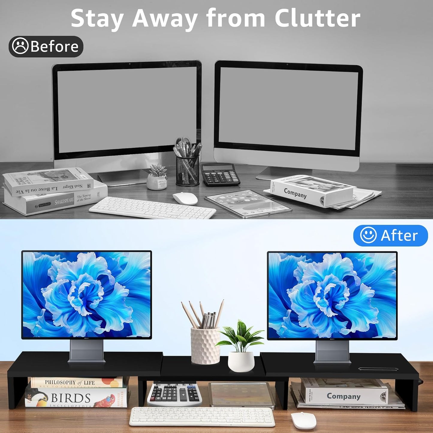 Dual Monitor Stand Riser for 2 Monitors, Monitor Stand for Desk, Adjustable Length & Swivel Angle Wooden Desktop Organizer Stand Riser with Smartphone Holder for PC Monitor Laptop, Black