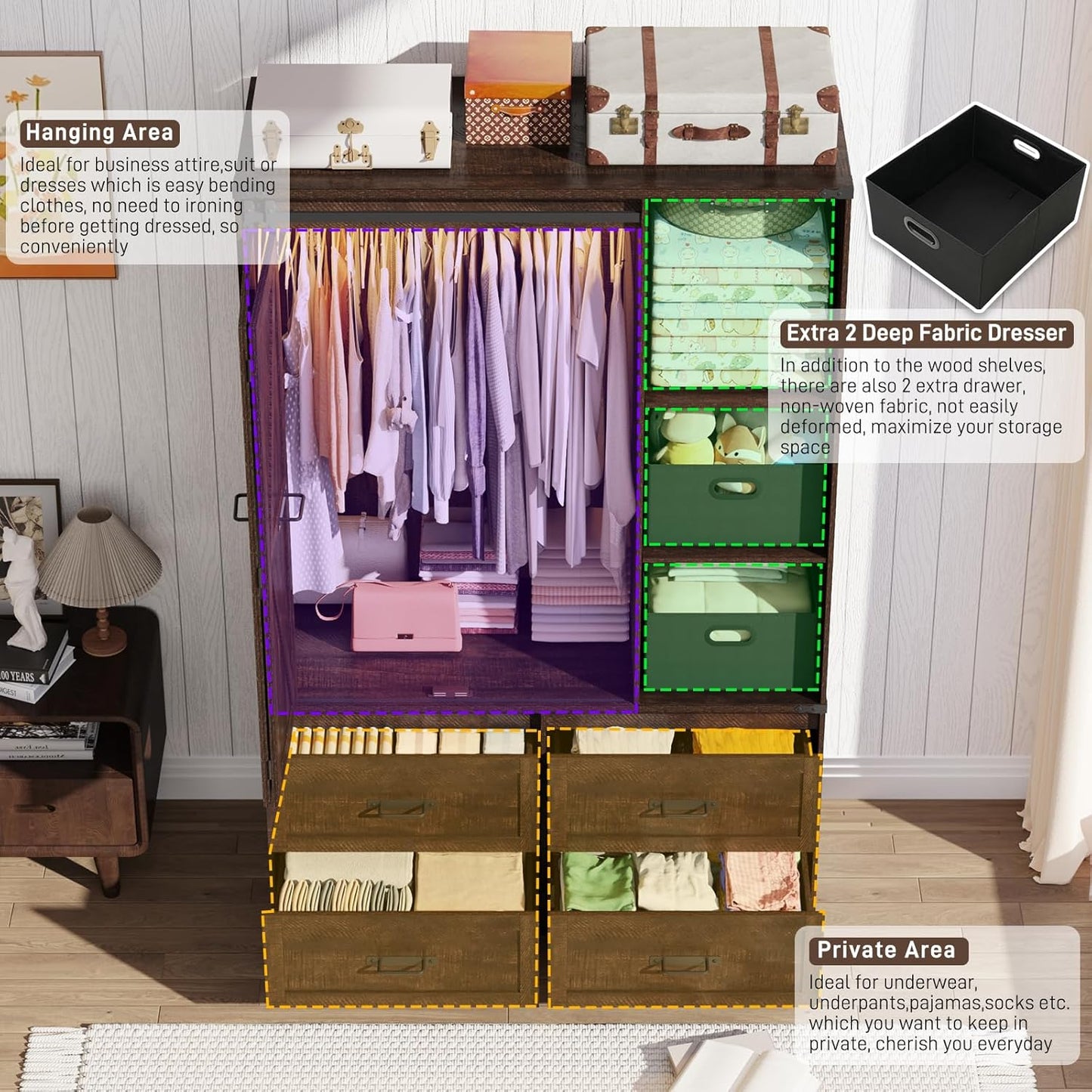 Farmhouse 3 Doors Armoire Wardrobe Closet w/Folding Sliding Barn Door and Lights, LED Armoire Closet w/Drawers for Bedroom, Freestanding Wooden Wardrobe Storage Closets w/Hanging Rod,Rustic Brown