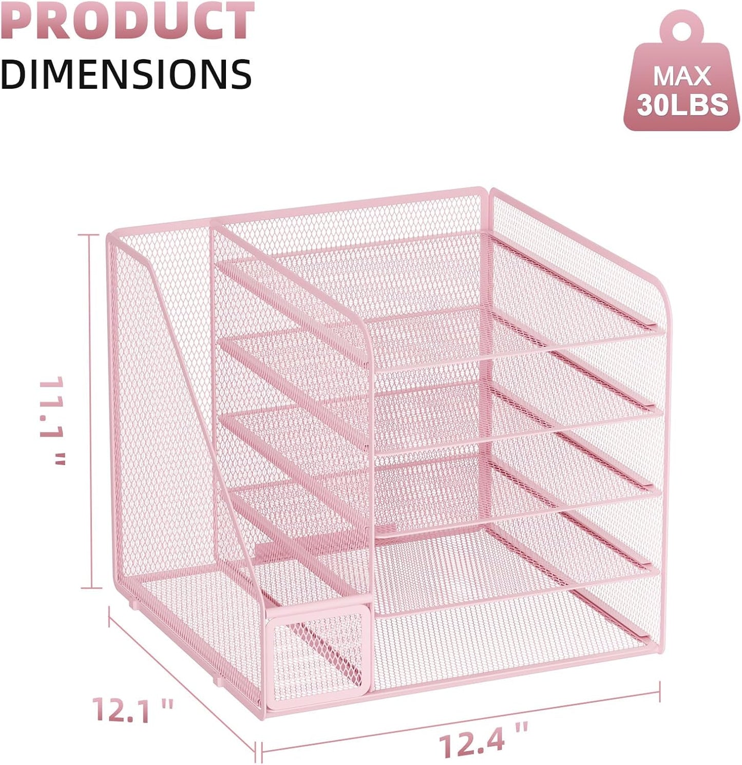 Marbrasse Desk Organizers and Accessories, 5-Tier Paper Letter Tray Organizer with File Holder, Mesh File Organizer, Office Desk Accessories & Organization for Supplies (Pink)