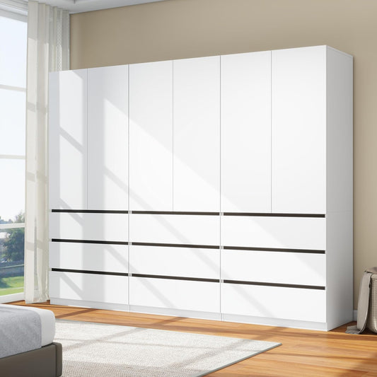 Bedroom Armoire Wardrobe Closet with 9 Drawers: White Wardrobe Closet with 6 Doors, Modern Cabinet for Clothes with Shelves, Wooden Armoire for Hanging Clothes (Modern, 3)