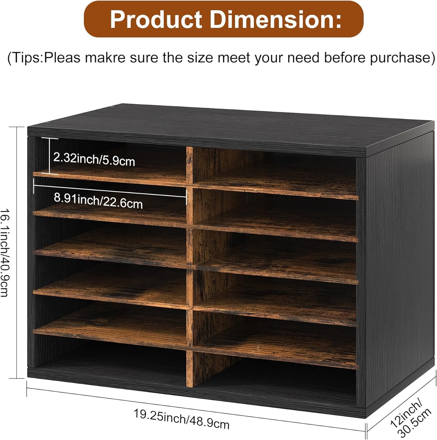 Mail Organizer Countertop, 12 Slots Wooden Desk File Literature Sorter, Adjustable Paper Storage Shelves Document Holder, Space Saving Desktop Mailbox for Office Classroom, Black/Rustic Brown