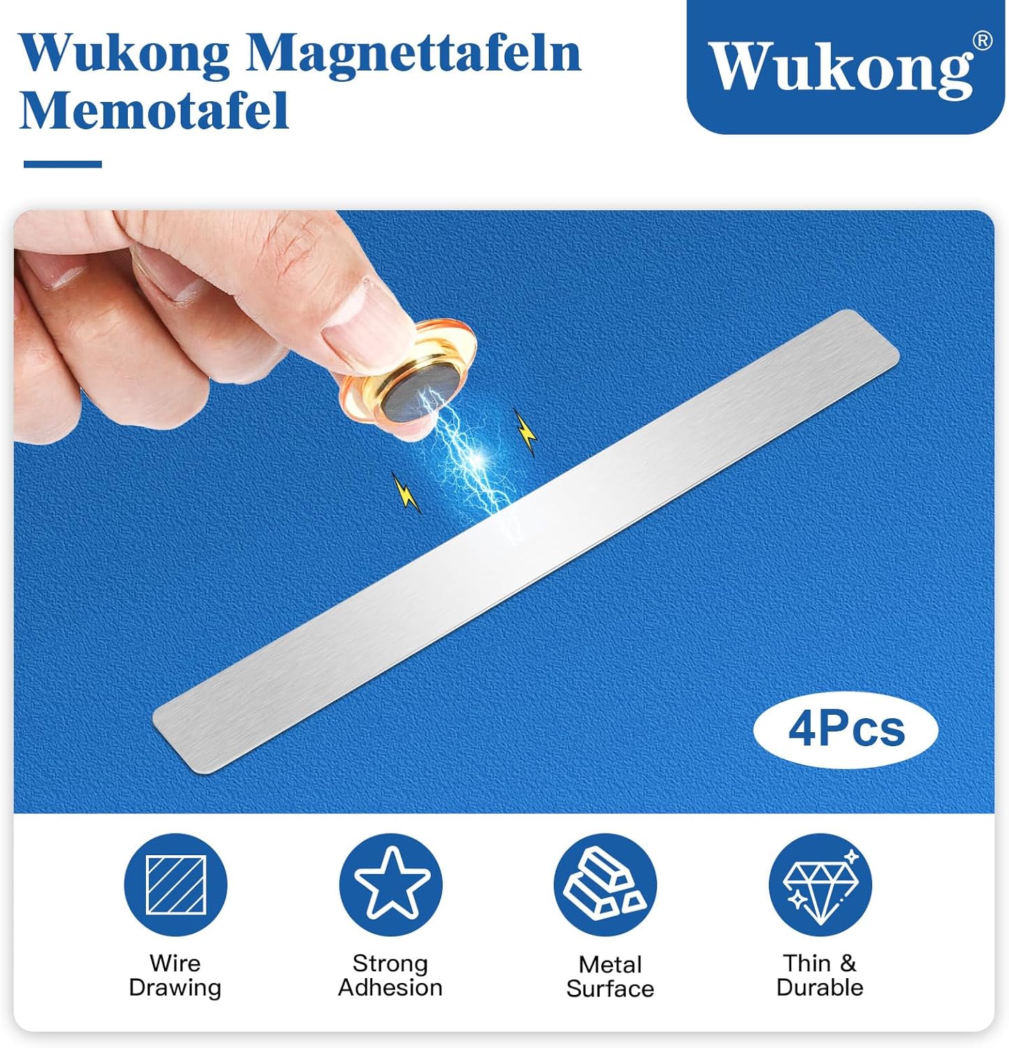 Wukong 4 Pack | 30x3cm(11.81 x 1.18) Magnetic Stainless Silver Boards Strips, Adhesive Backing Bulletin Bar Board, Memo Board with 16Pcs Colorful Magnets for Office, Home, Photo Wall, Document