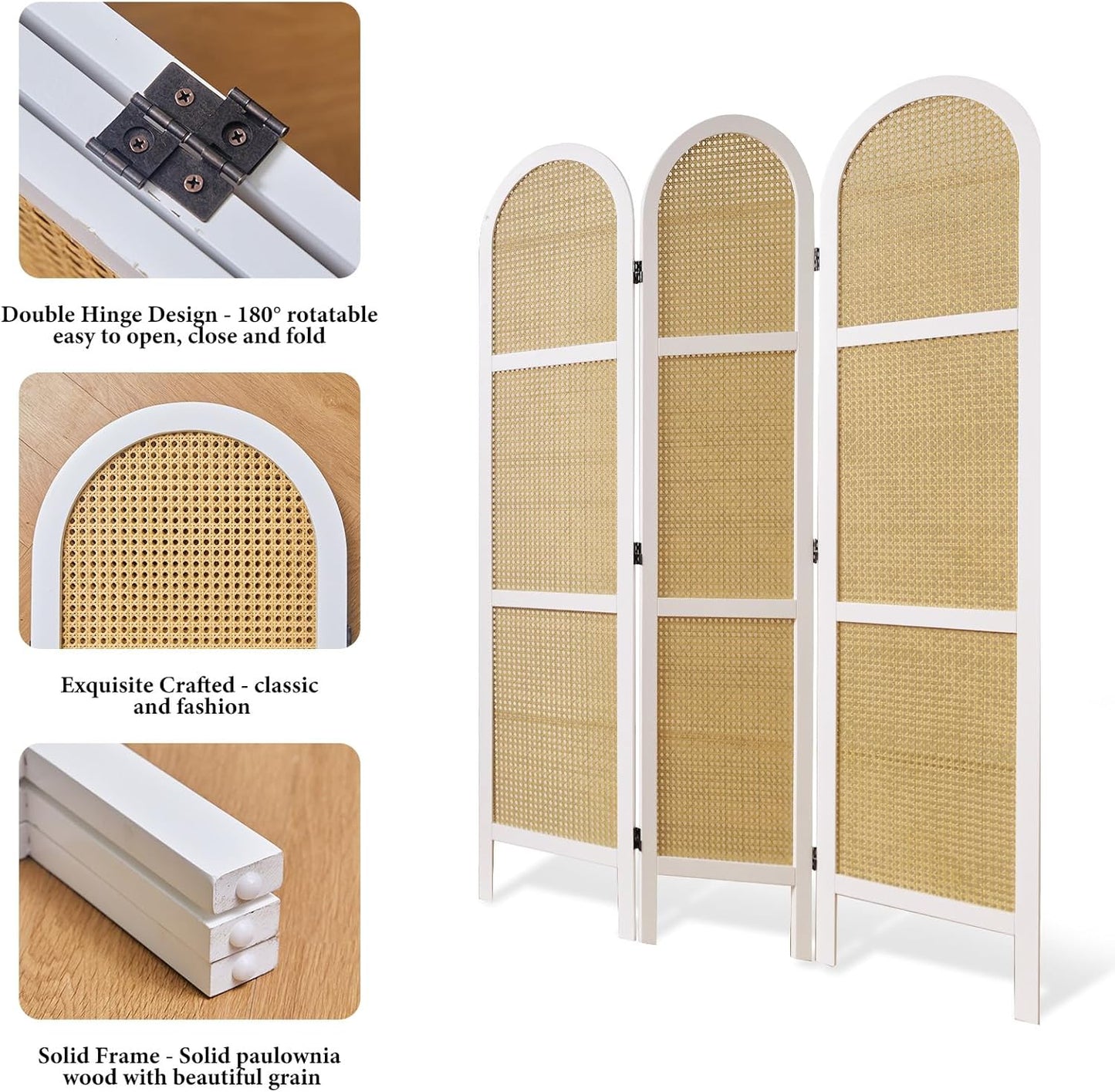 Room Dividers and Folding Privacy Screens, Pine Wood 5.6 Ft Double Hinged Rattan Partition Freestanding Wall Room Divider for Home - 3 Panels (White)