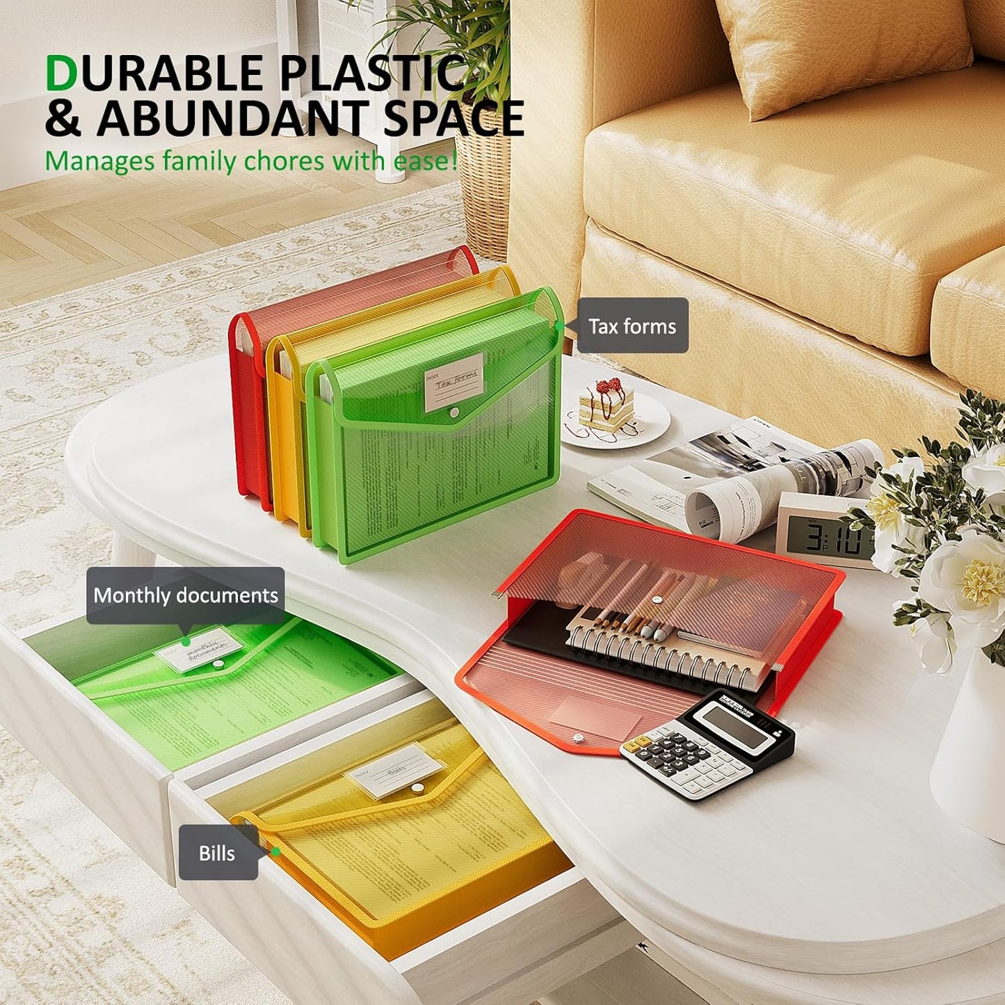 ThinkTex Plastic Expanding File Folder, Transparent envelopes with Snap Closure,No Dividers,Large Capacity,Document Organizer for Receipts, Bills&Taxes,Letter/A4 Size for School/Office/Home-3 Pack