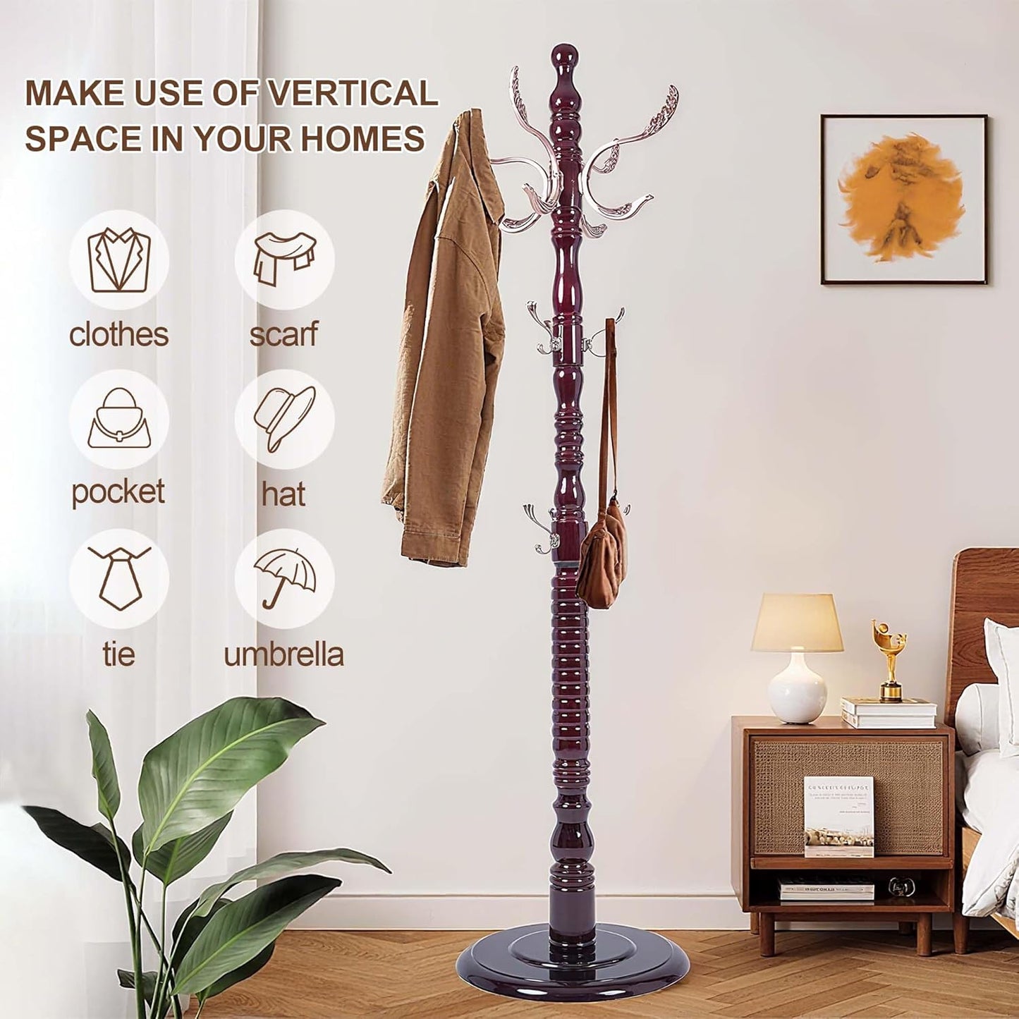 Solid Wood Coat Rack Stand with 20 Hooks, Vintage Coat Rack Freestanding with Heavy Duty Base, 3 Adjustable Height Coat Hanger Stand Hall Tree Fits Entryway Bedroom Office for Coat,Bag,Hat
