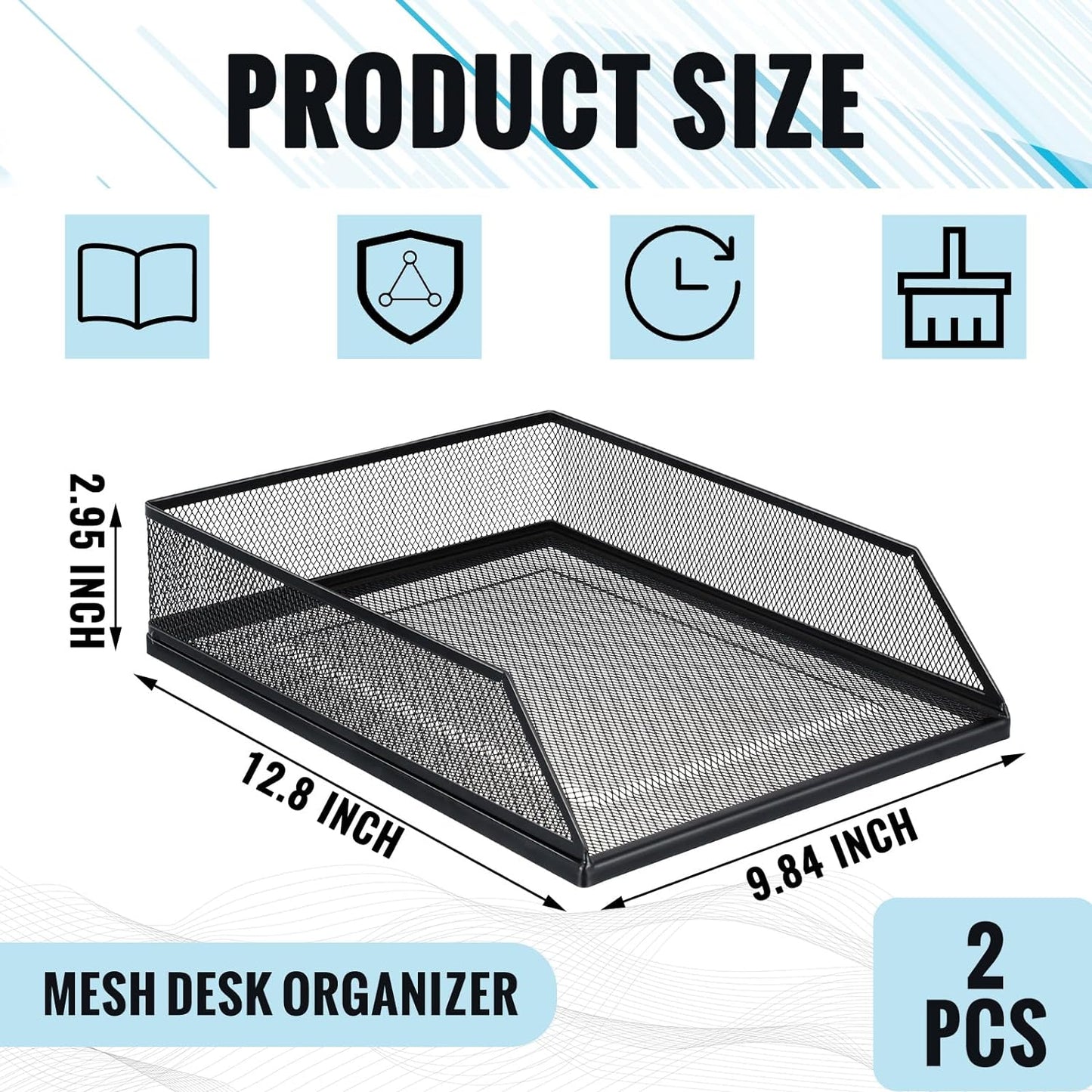 Hicarer 2 Pcs Black Metal Letter Tray Stackable Desk Tray Single Wire Mesh Organizer Front Load File Paper Holder for Desktop Office Home School Classroom (12.8 x 9.84 Inch)