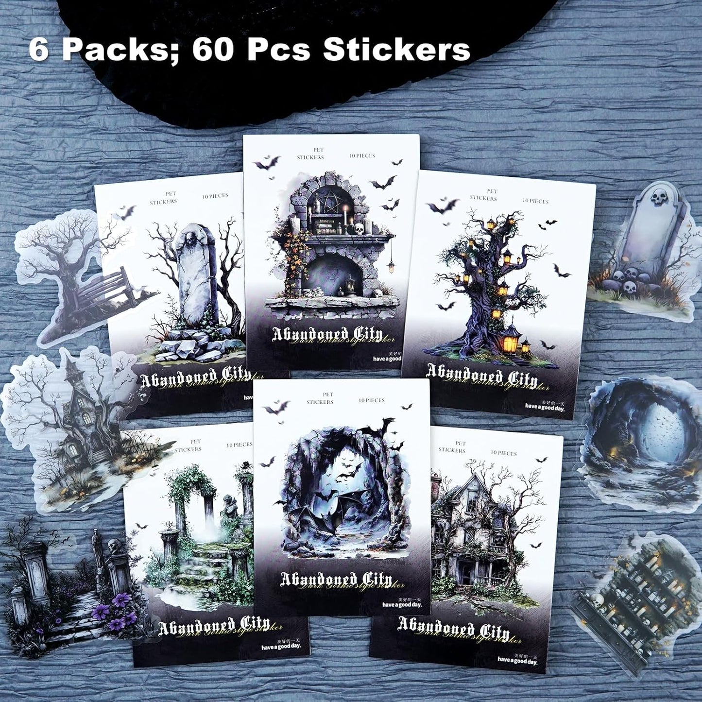 Gothic PET Sticker Set, 60PCS Abandoned City Theme Stickers for Scrapbooking, Journaling, DIY Crafts and Planner Supplies