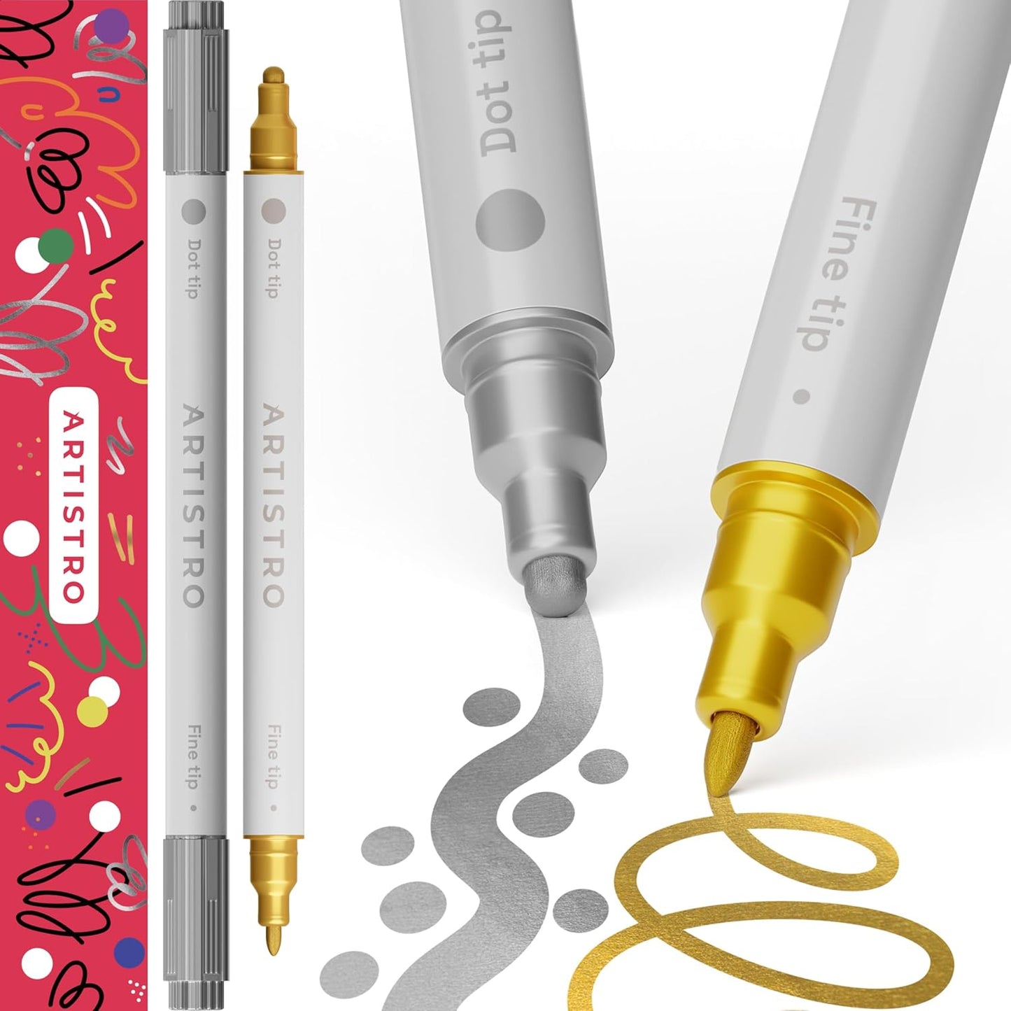 ARTISTRO 2 Silver&Gold Dual-Tip Acrylic Paint Pens - Multisurface Markers for Fabric, Plastic, & More, 5mm Dot + 1mm Fine Tips