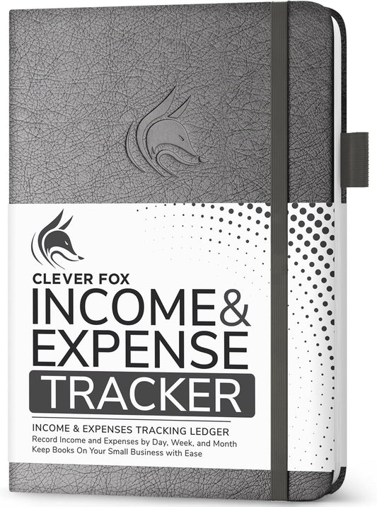 Clever Fox Income & Expense Tracker – Accounting & Bookkeeping Ledger Book for Small Business – 1-Year Record Notebook, A5 (Silver Black)