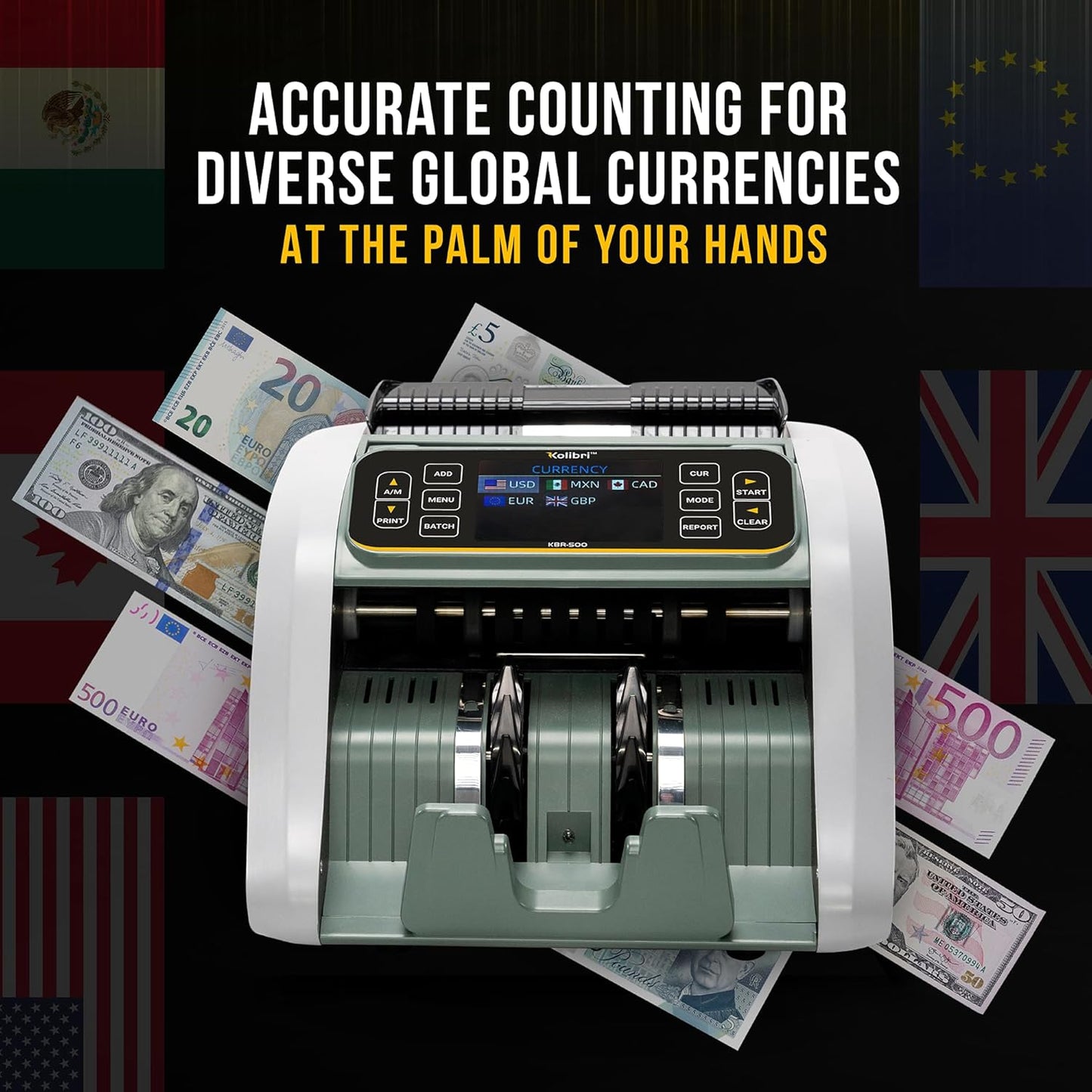 KOLIBRI Money Counter Machine, KBR-500 Mixed Denomination | Business Grade w/Advanced IR/UV/MG/MT/Counterfeit Detection, Multi-Currency (USD CAD MXN GBP EUR)