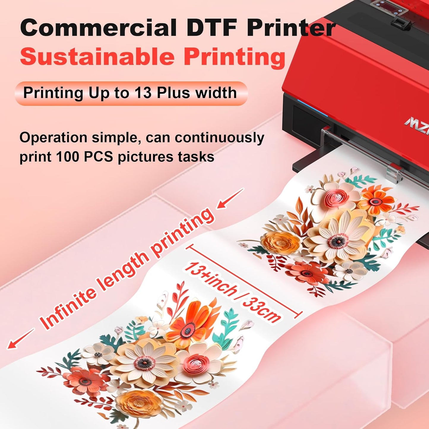 MZK A3 Plus DTF Printer XP600 Doubled-Speed,13+" DTF Film,Built-in Holiday Automatic Timed Cleaning Printhead,LED Multi-Function Fouch Screen,Film Cutter,White Ink Circulation,Gift Ink 2 Year