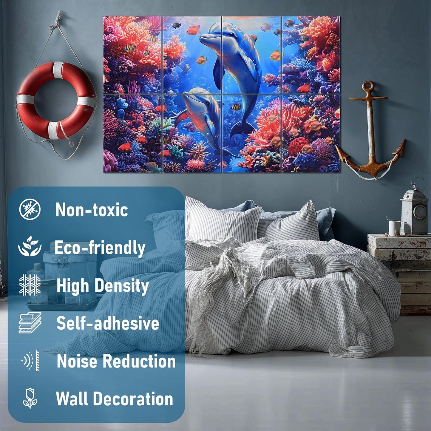 8 Pack Acoustic Panels,48"X32" Soundproof Wall Panels, Self Adhesive Sound Absorbing Wall Art,Decorative Sound Dampening Panels, Art Acoustic Treatment for Studio, Bedroom, Office(Dolphin)