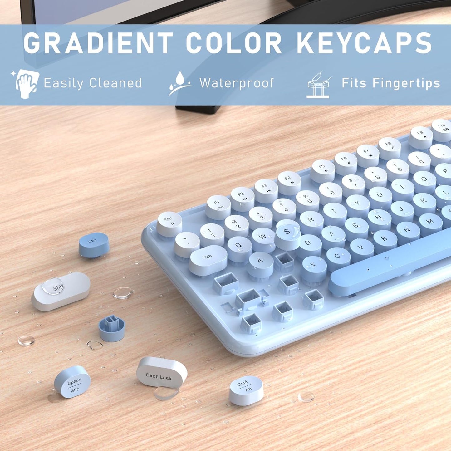 Wireless Keyboard and Mouse, Full-Size Retro Typewriter Keyboard with Round Keycaps, 2.4GHz for Windows, Mac, Laptop, PC, Desktop (Blue Gradient)
