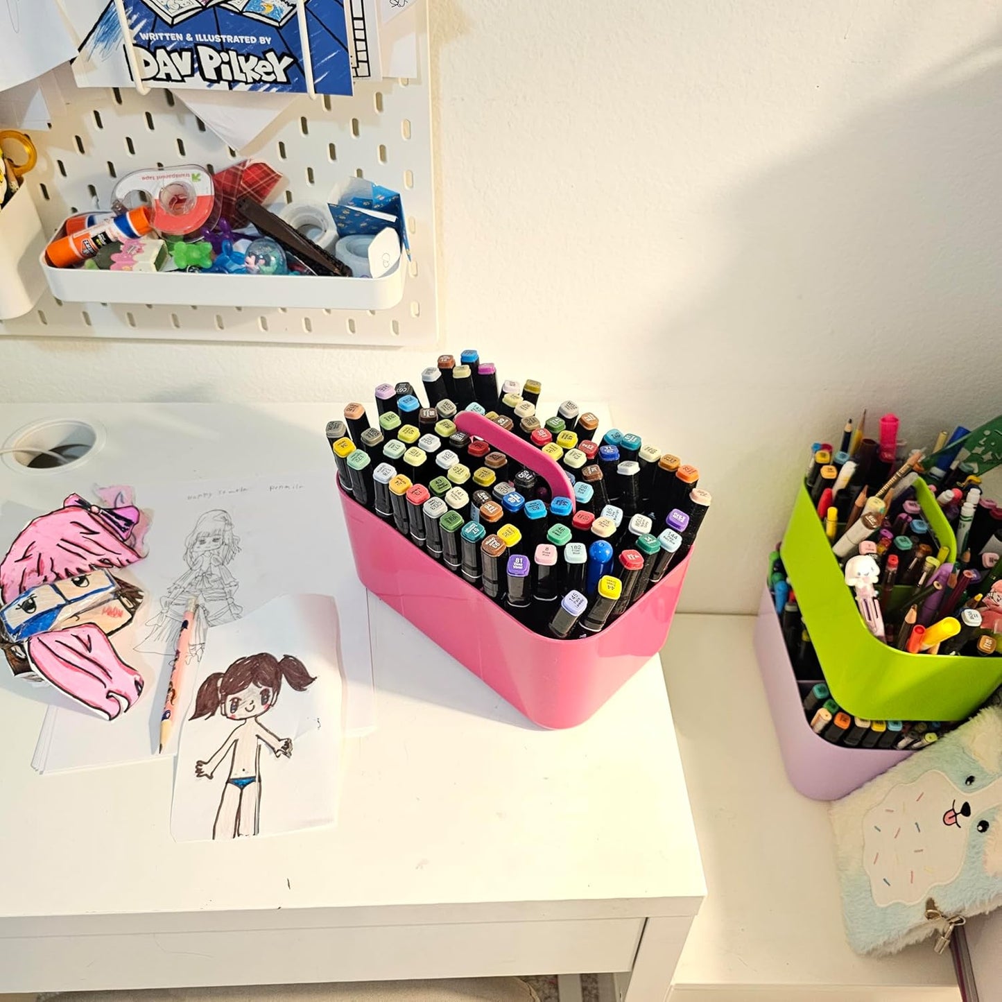 2 Pack Small 6 Compartment Multiuse Caddy Organizer with Handle Art Craft Supplies, Office, Desk, Stationery Pen Holder Stackable- Made In USA (Hot PInk)