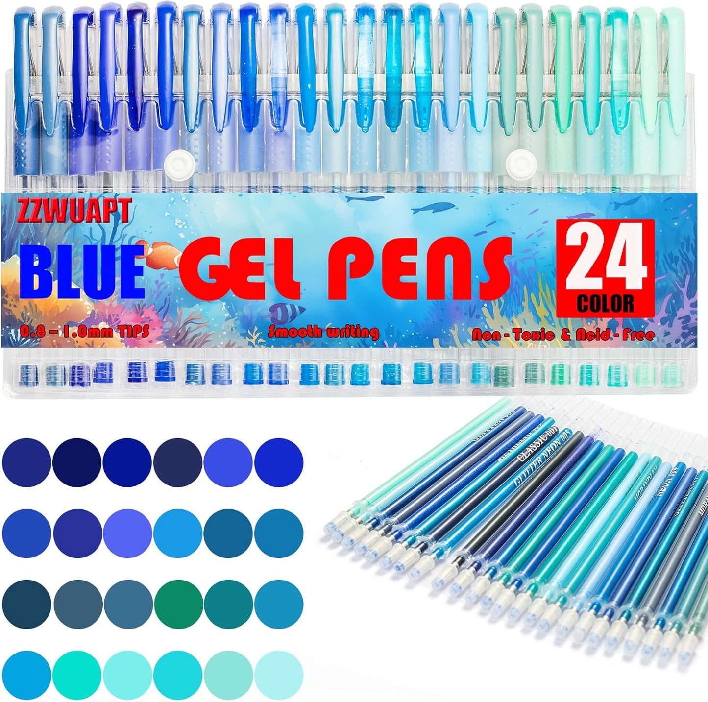 Blue Gel Pens for Coloring Book,72 Color Gel Pens Set including 24 Color Gel Pen with 48 Refills,40% More Ink Colored Gel Pens for Drawing, Doodling, Scrapbook, Journaling