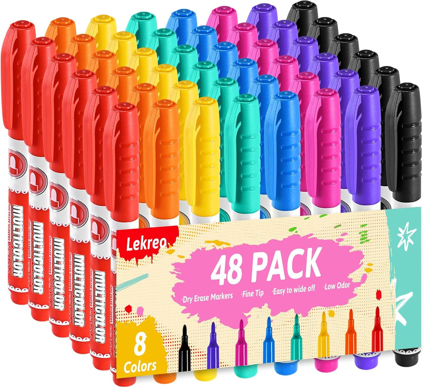 Dry Erase Markers, Fine Tip Whiteboard Marker, Low Odor Dry Marker, Fine Point Markers are pecfect for Whiteboard Mirrors Glass, Assorted Color Markers for School Office Home (48 Pack 8 Colors)