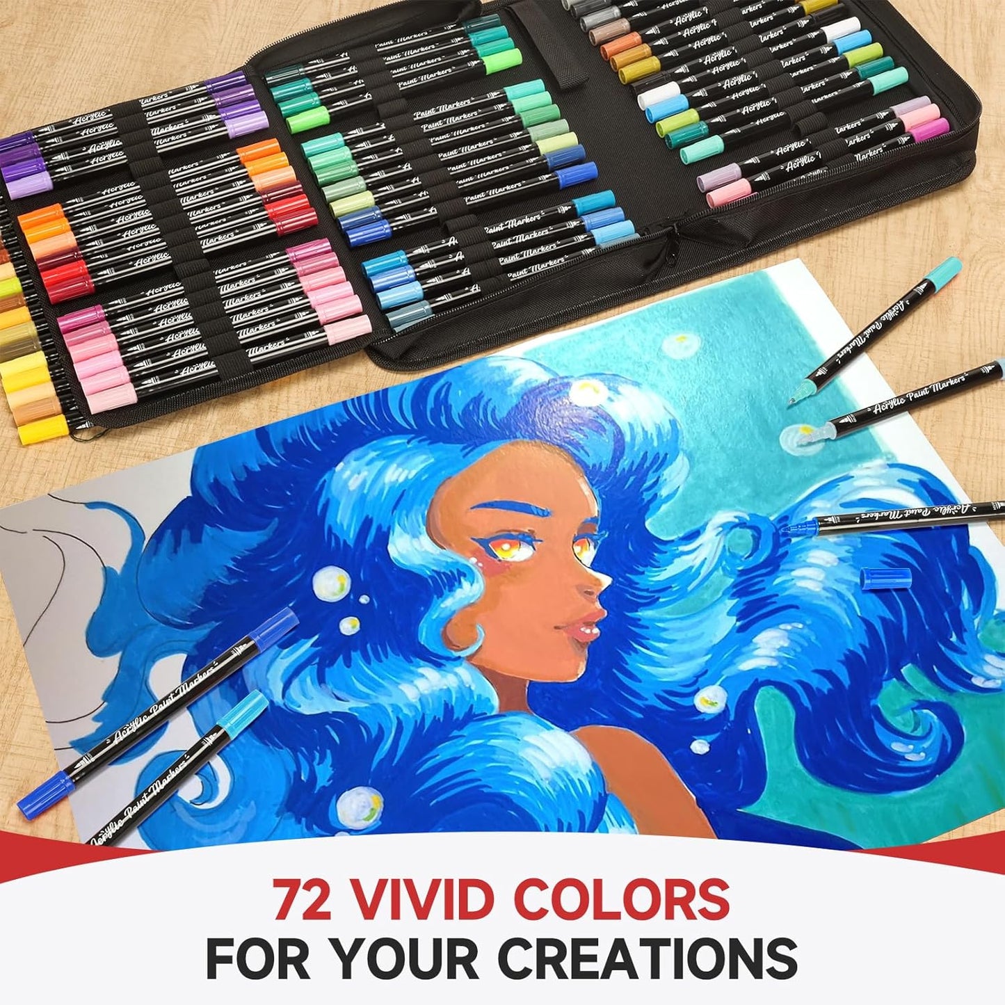 Acrylic Paint Markers,72 Colors Dual Tip Acrylic Paint Pens with Brush and Fine Tips for Rock Painting,Glass,Wood,Ceramic,Canvas,Stone, Vibrant Color Ideal for Artists, Crafters, DIY Projects