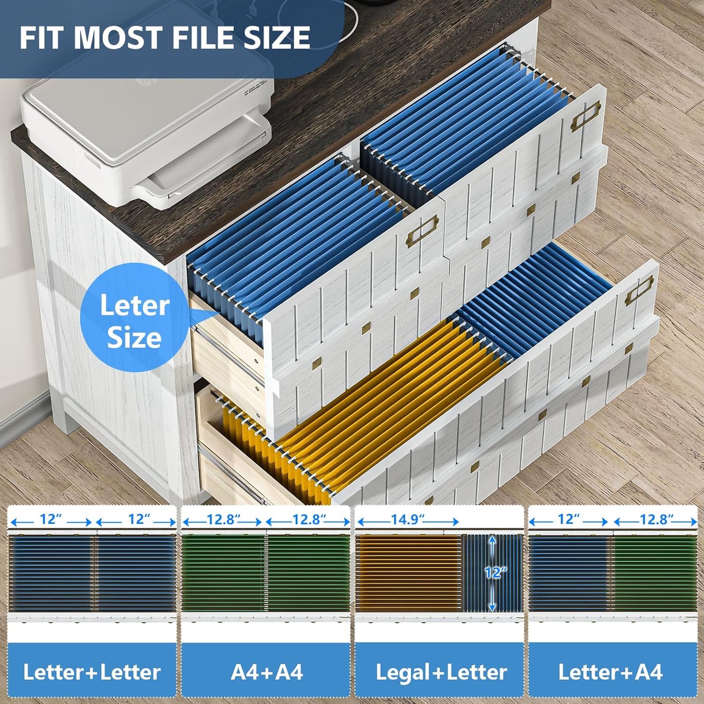 TVU Farmhouse 3 Drawer File Cabinet with Charging Station, Solid Lateral Filing Cabinet for Home Office, Office Organizer for Legal/Letter/A4/Folders File - Beside Desk Printer Stand