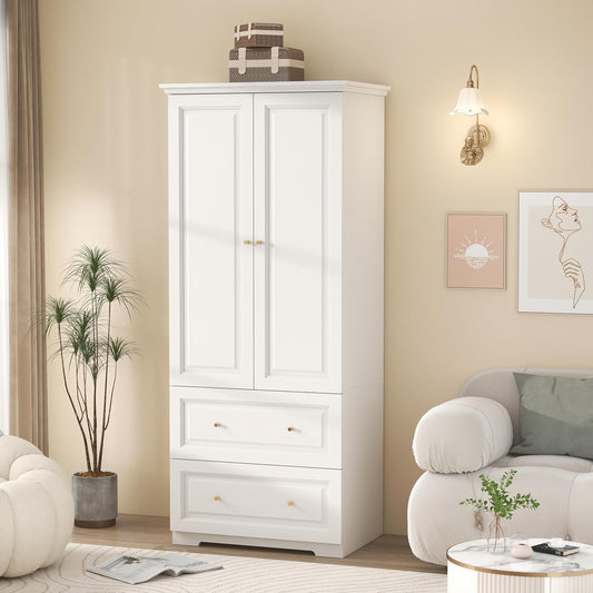 White Armoire Wardrobe Closet with Drawers: Wardrobe Closet for Hanging Clothes, Modern Bedroom Armoires with Hanging Rod, Wardrobes Closets with Doors and Shelves (White, 31.5")