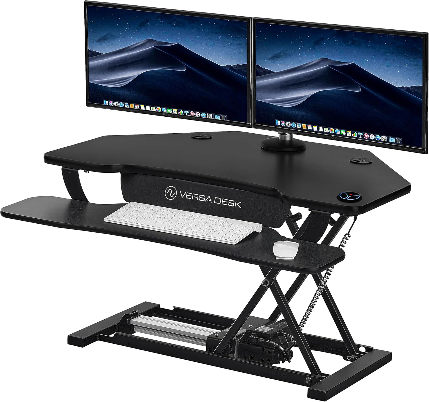 VERSADESK® PowerPro™ 36" Corner Standing Desk Converter, 36 Inch Motorized Height-Adjustable Standup Desk Riser Sit to Stand Desktop with Keyboard and Mouse Tray + USB Charging Port, Black