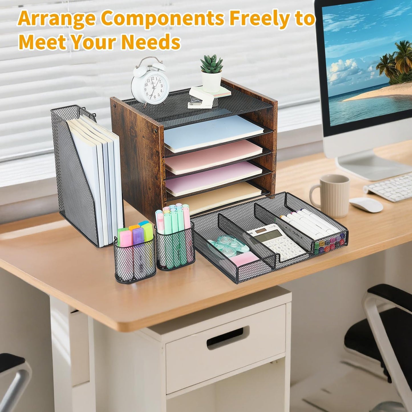Wood Desk Organizers and Accessories with File Organizer, 5-Tier Paper Organizer with Drawer & Pen Holder, Office Desk Accessories, Workspace Desktop Storage for Office Supplies Organization（Brown）