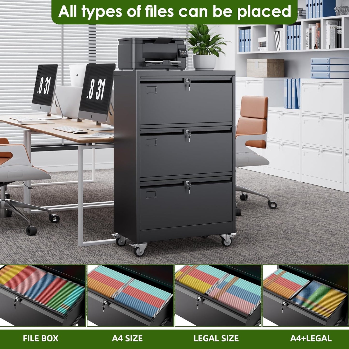 Aobabo 3 Drawer Wide File Cabinet with Wheels, Lockable Metal Filing Cabinet for Home Office, Legal/Letter Size,Black,Required Assembled,15.87" D x 28.94" W x40.48 H