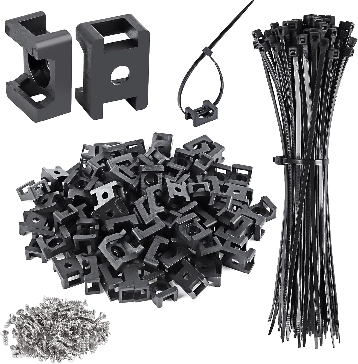 XHF 100 Pcs Cable Zip Tie Saddle Type Mounts Base with 100 Pcs 8" Cable Ties and 100 Pcs Tapping Screw, Wire Cable Clips Organizer Holders Clamps Black