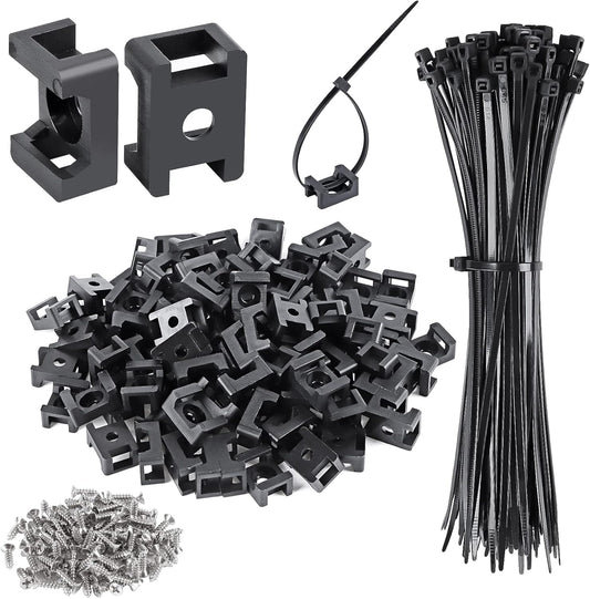 100 Pcs Cable Zip Tie Saddle Type Mounts Base with 8" Cable Ties Tapping Screw, Wire Cable Clips Organizer Holders Clamps Black