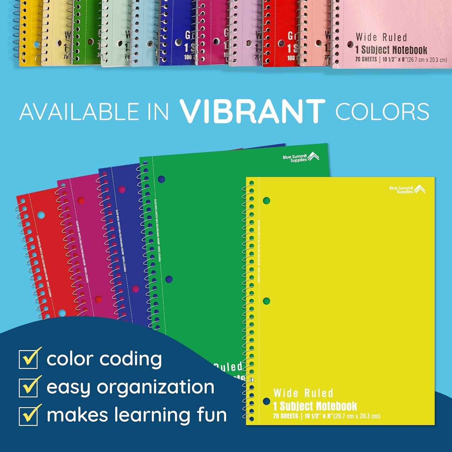 Blue Summit Wide Ruled Spiral Notebooks Bulk, 1 Subject Spiral Notebook Wide Ruled, Paper School Bulk Notebooks, 48 Pack