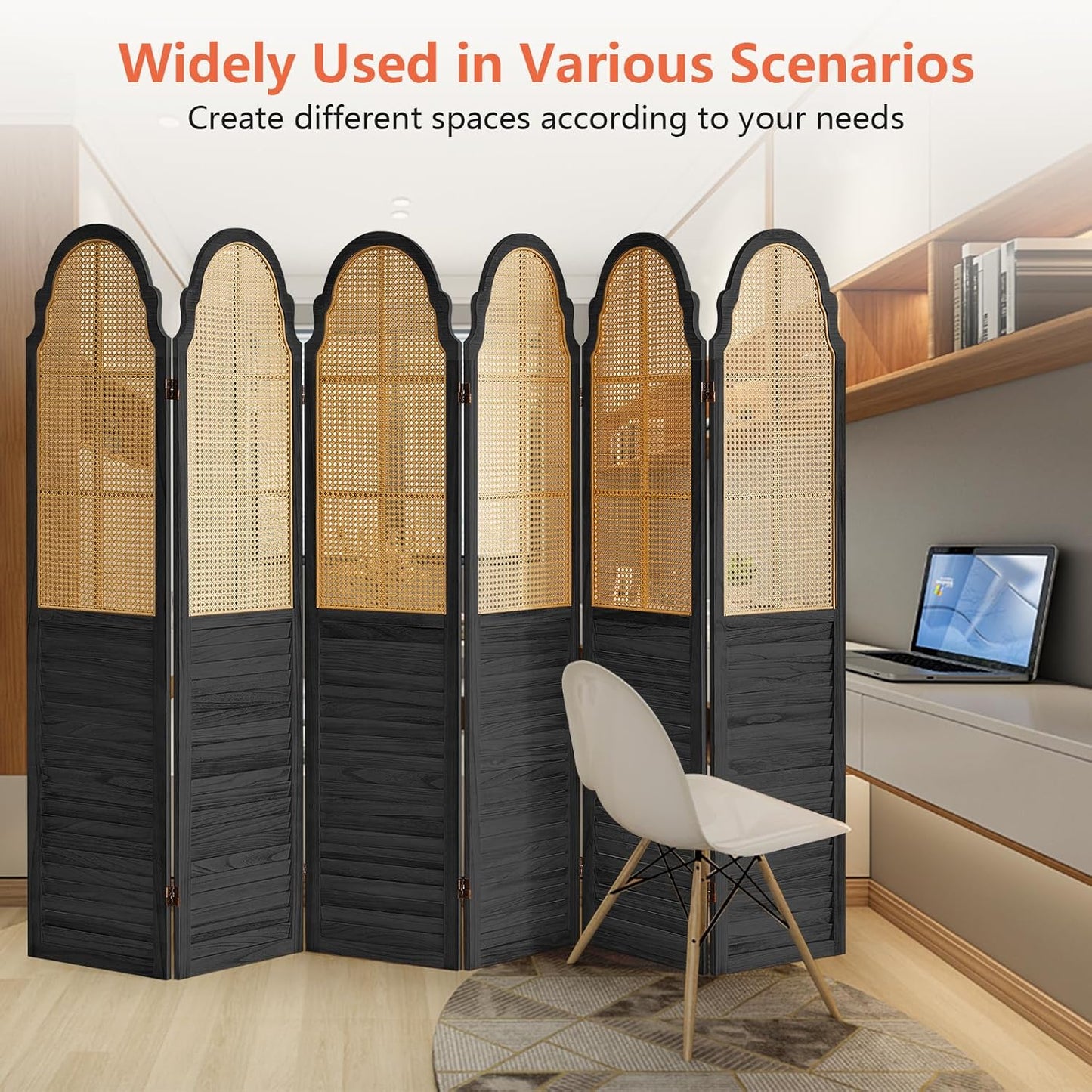 6 Panel Rattan Folding Screen Room Divider, Privacy Dividers for Rooms, Louvered Partition Dividers, Room Divider Panel for Bedroom, Dressing Room, Balcony, Black