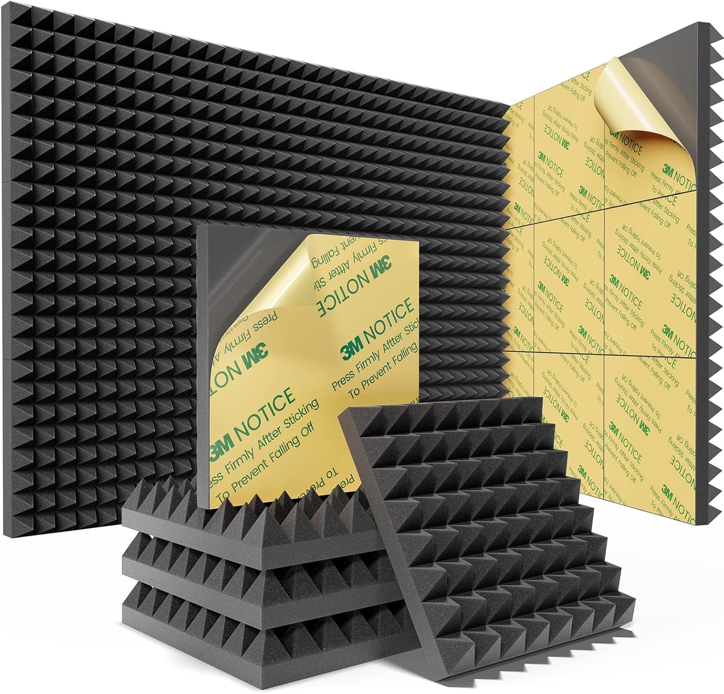 Sonicism Sound Proof Foam Panels for Walls Upgrade Self-Adhesive 8 Pack Pyramid 3"X12"X12" Acoustic Panels 35kg/m³High Density,Soundproof Wall Panels Fast Expand,Sound Absorption and Decoration,Black