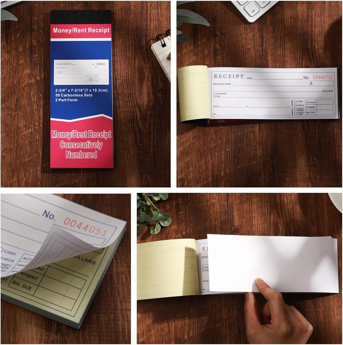 Crtiin 20 Pads Money and Rent Receipt Book 2.75 x 7.2 Inch Bound Cover 2 Part Carbonless Receipt Book with Carbonless Copies Receipt Log Book 50 Sets Per Book