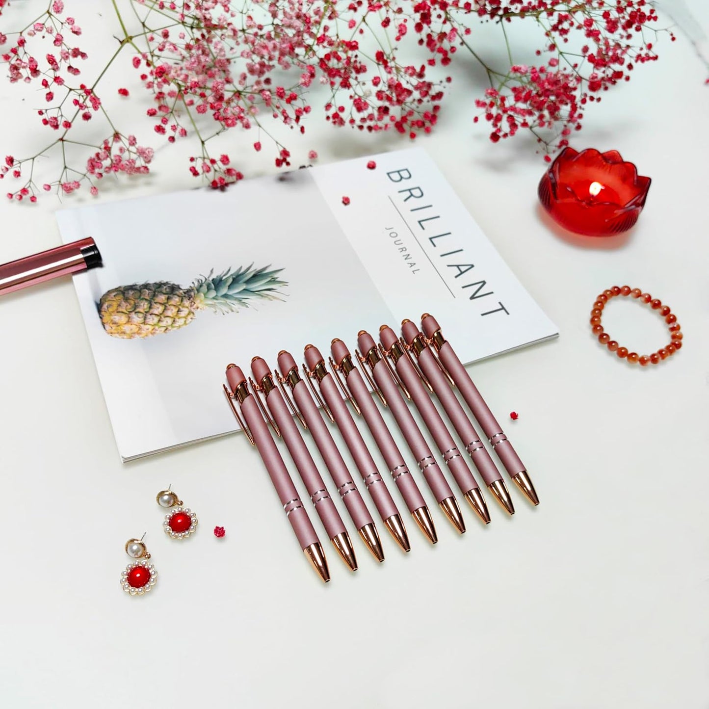 Aozora 9 Pack Ballpoint Pens Smooth Writing 2-in-1 Stylus Retractable Ballpoint Pen with Stylus tip, Office Decor Metal Stylus Pen for Touch Screens, 1.0 mm Black Ink (Rose Gold)