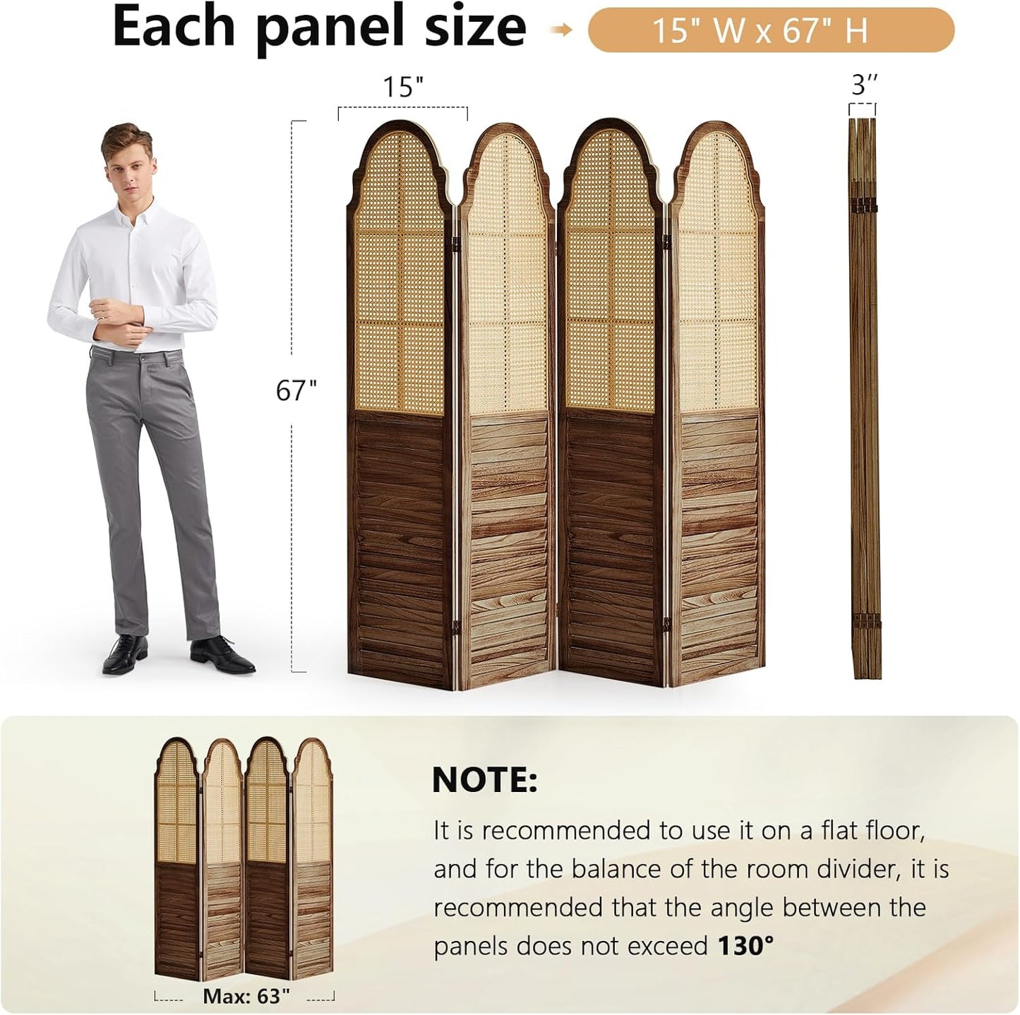 4 Panel Rattan Room Divider Panel, 5.6Ft Partitions and Dividers, Louvered Partition Divider, Room Dividers Screen, Solid Wood Frame, Folding Screen, Bedroom, Family Room, Dark Brown