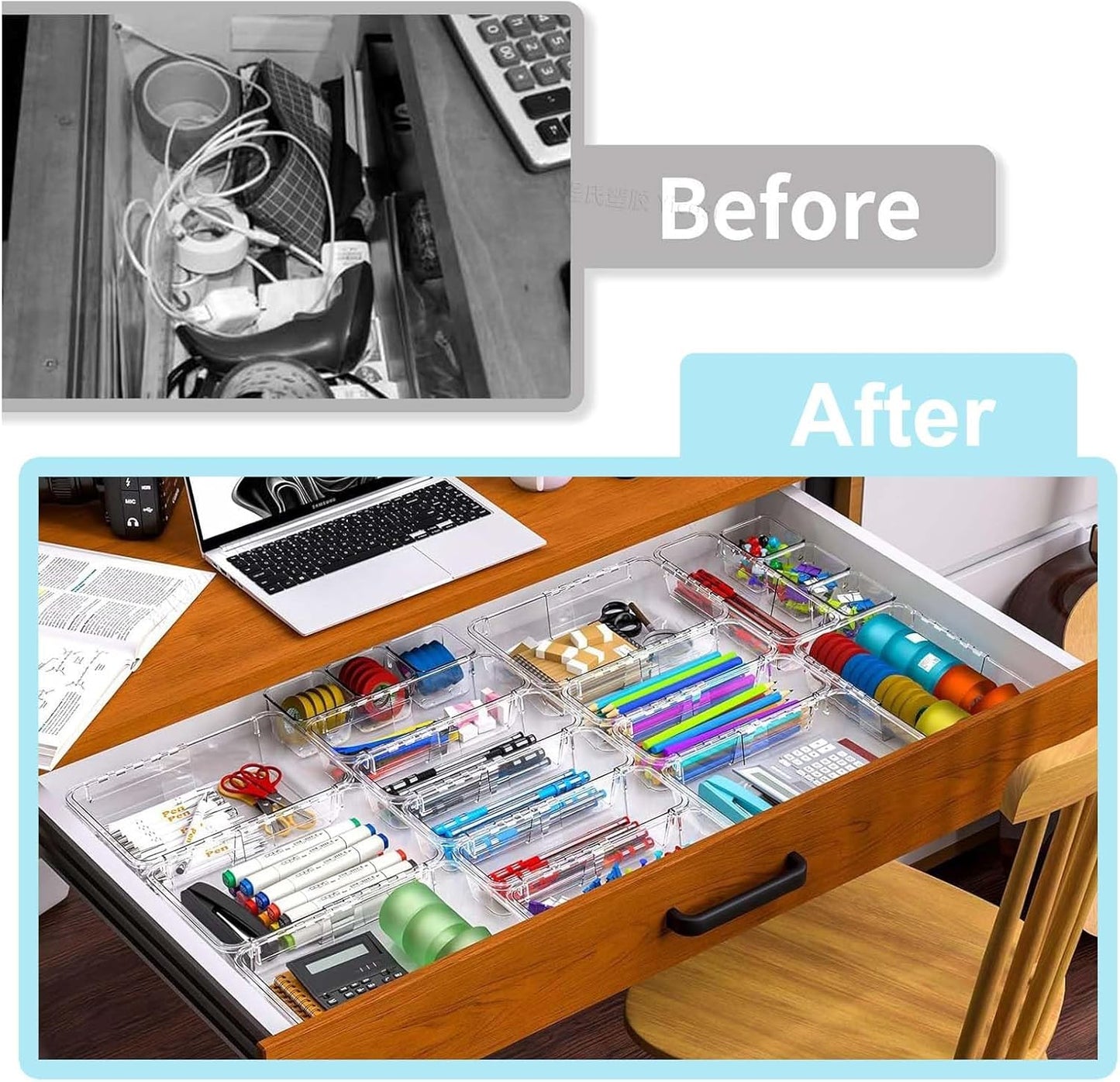 15 Pcs Clear Extendable Drawer Organizer,Adjustable Vanity Storage Box, 2-Size Desk Drawer Organizer, Acrylic Storage Bin for Makeup, Cosmetic,Desk Organizer Gadgets for Bathroom Bedroom Kitchen