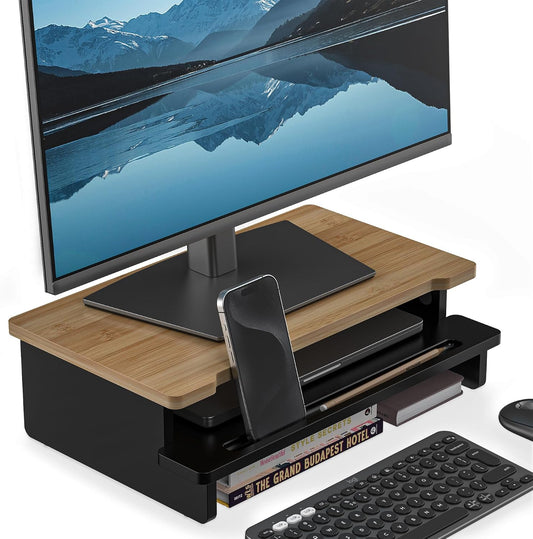 Monitor Stand Monitor Stand Riser for Desk,Wood Desk Shelf Storage Organizer with Phone Tablet Holder (16.5 Inch, Black & Dark Bamboo)