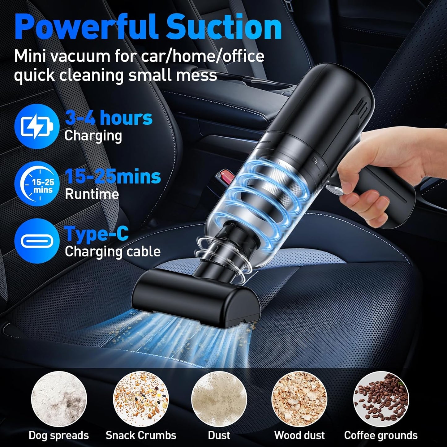 Handheld Car Vacuum Cleaner, 9000Pa Hand Held Vacuum Portable Cordless，2 in 1 Air Duster and Mini Vacuum Cleaner with LED Light, 120W High Power Small Vacuum for Car, Home, Office, Pet（Black）