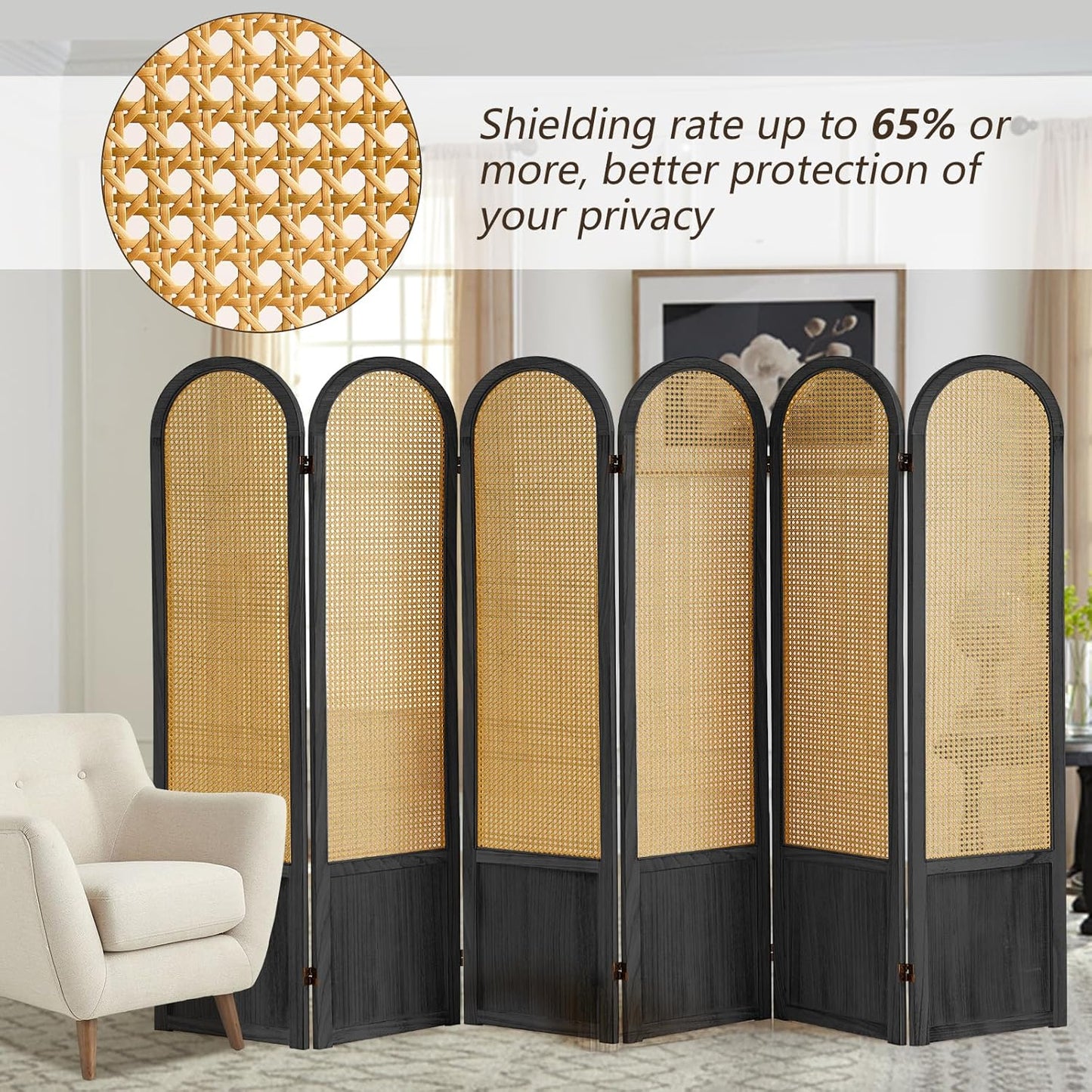 6 Panel Rattan Room Divier, Room Divider Panel and Folding Privacy Screens, Room Divider Wall, Solid Wood Frame, Partition Room Dividers, Bedroom, Lounge, Black