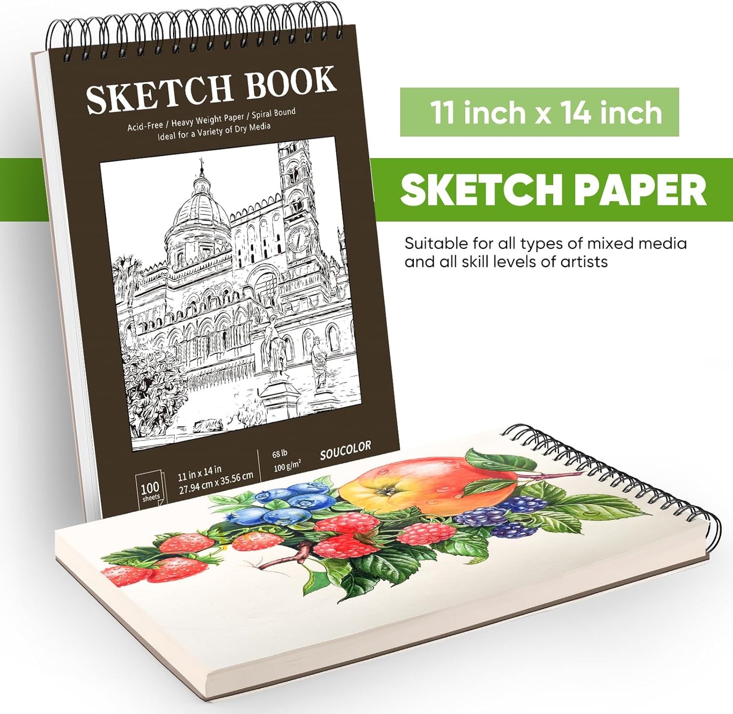 Soucolor 11" x 14" Large Sketchbook, 100 Sheets 68lb/100gsm Top Spiral Bound Large Sketch Pad, Acid Free Big Sketch Paper for Drawing, Illustration, Art Class Students