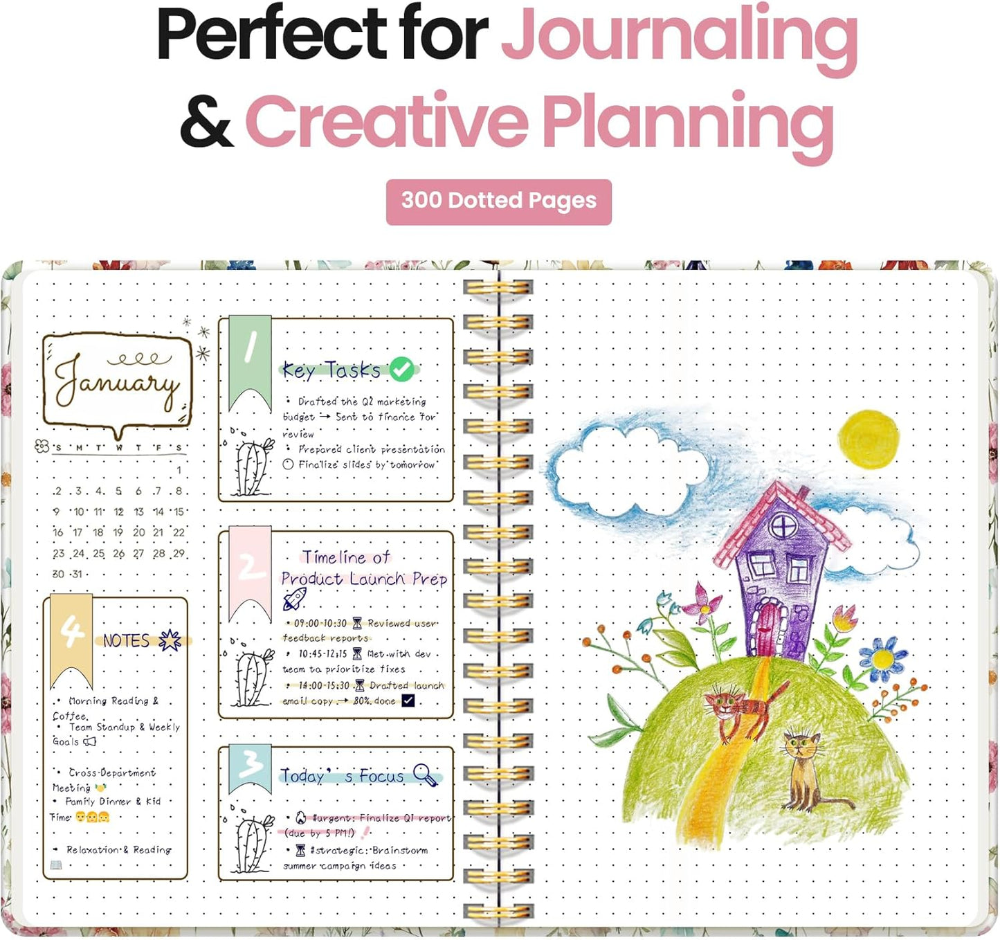 Spiral Dotted Notebook Journal for Work, 300 Pages, Thick B5 (7.1"x10") Bullet Dotted Journal for Women & Writing, Hardcover Notebook for Note Taking, Perfect for Work School Note Taking Business, Floral