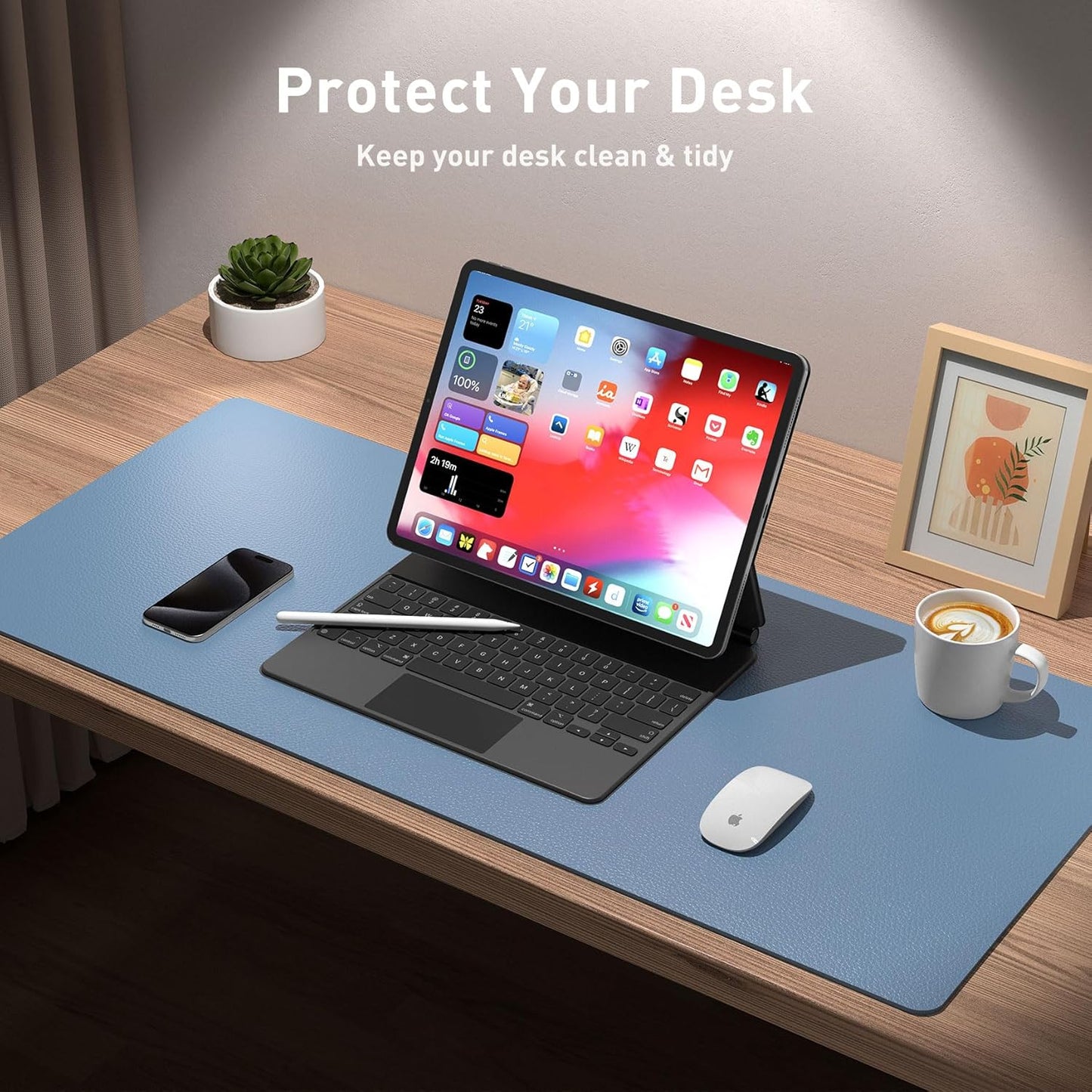 Aothia Leather Desk Pad Protector, Mouse Pad, Office Desk Mat, Non-Slip PU Leather Desk Blotter, Laptop Desk Pad, Waterproof Desk Writing Pad for Office and Home (Denim Blue, 36" x 17")